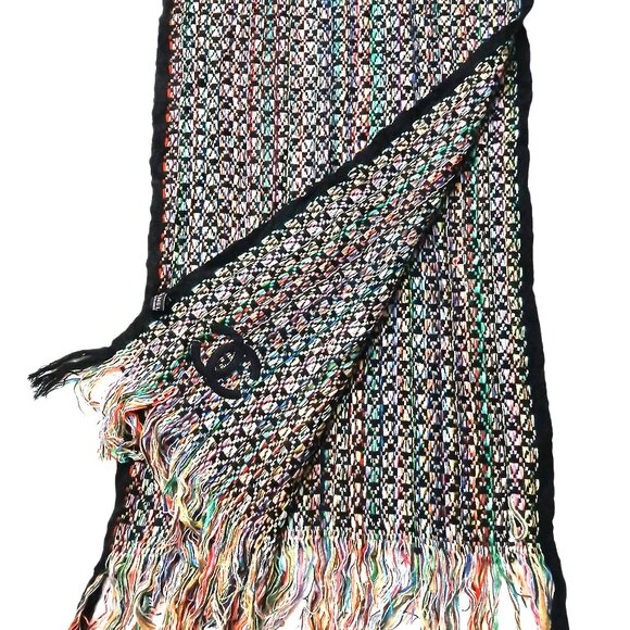 CHANEL Vintage Luxury Black Multi-Color Woven Fringed Cashmere Shawl Wrap Scarf - Picture 2 of 16